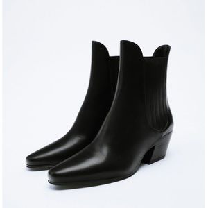 NIB Zara Genuine Cow Leather Cowboy Ankle Boots with Side Elastic Black 8